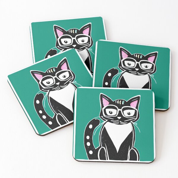 Item preview, Black cat wearing green eyeglasses designed and sold by art-sapambudi.