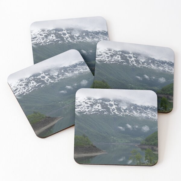 Item preview, Wonderful landscapes in Norway. Vestland. Beautiful scenery of an island in the Roldalsvatnet lake. Snowed mountains and trees on rocks in background. Cloudy day designed and sold by Maurizio Fabbroni.