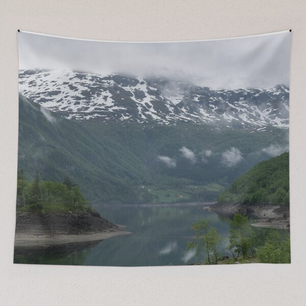 Item preview, Wonderful landscapes in Norway. Vestland. Beautiful scenery of an island in the Roldalsvatnet lake. Snowed mountains and trees on rocks in background. Cloudy day designed and sold by Maurizio Fabbroni.