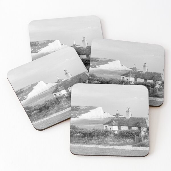 Item preview, Seven Sisters cliffs and Cuckmere Haven coastguard cottages - black and white designed and sold by cdkphotos.