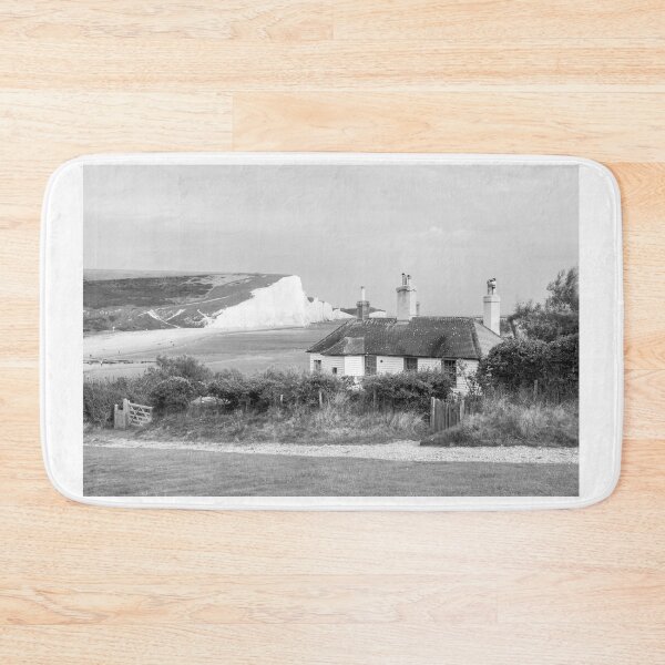 Item preview, Seven Sisters cliffs and Cuckmere Haven coastguard cottages - black and white designed and sold by cdkphotos.