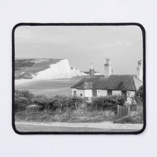 Item preview, Seven Sisters cliffs and Cuckmere Haven coastguard cottages - black and white designed and sold by cdkphotos.