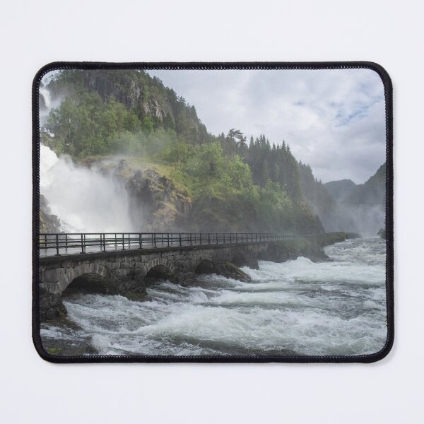 Item preview, Wonderful landscapes in Norway. Vestland. Beautiful scenery of Latefossen waterfall under the Lotevatnet lake on the Hardanger scenic route. Mountains, trees in background. Cloudy day designed and sold by Maurizio Fabbroni.