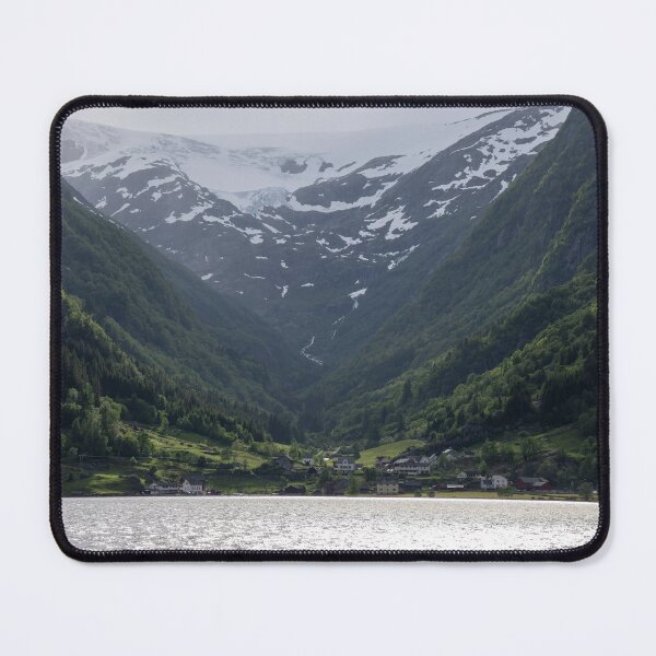 Item preview, Wonderful landscapes in Norway. Vestland. Beautiful scenery of Buerbreen glacier. Sandvevatnet lake. Mountains, trees, rocks and houses in background. Cloudy day designed and sold by Maurizio Fabbroni.