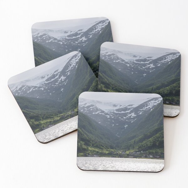 Item preview, Wonderful landscapes in Norway. Vestland. Beautiful scenery of Buerbreen glacier. Sandvevatnet lake. Mountains, trees, rocks and houses in background. Cloudy day designed and sold by Maurizio Fabbroni.