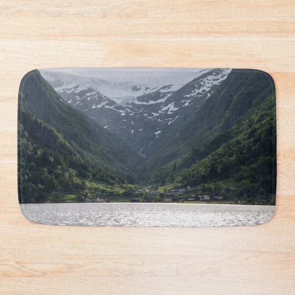 Item preview, Wonderful landscapes in Norway. Vestland. Beautiful scenery of Buerbreen glacier. Sandvevatnet lake. Mountains, trees, rocks and houses in background. Cloudy day designed and sold by Maurizio Fabbroni.