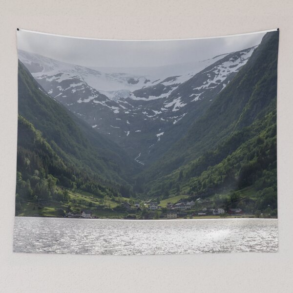 Item preview, Wonderful landscapes in Norway. Vestland. Beautiful scenery of Buerbreen glacier. Sandvevatnet lake. Mountains, trees, rocks and houses in background. Cloudy day designed and sold by Maurizio Fabbroni.