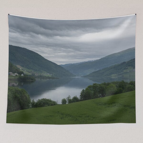 Item preview, Wonderful landscapes in Norway. Vestland. Beautiful scenery of Vangsvatnet lake from the village of Bulken. Mountains, trees in background. Rainy day designed and sold by Maurizio Fabbroni.