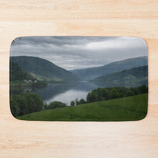 Item preview, Wonderful landscapes in Norway. Vestland. Beautiful scenery of Vangsvatnet lake from the village of Bulken. Mountains, trees in background. Rainy day designed and sold by Maurizio Fabbroni.