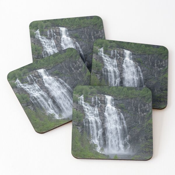 Item preview, Wonderful landscapes in Norway. Hordaland. Beautiful scenery of Skjervsfossen waterfall from the Storelvi river on the Hardanger scenic route. Mountains, trees in background. Rainy day designed and sold by Maurizio Fabbroni.