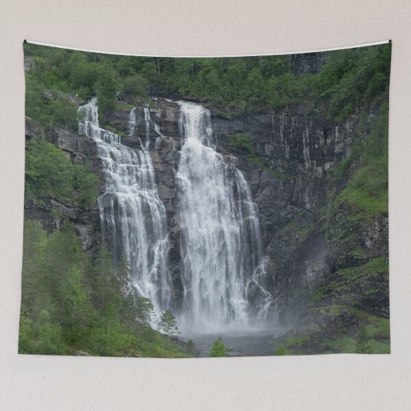 Item preview, Wonderful landscapes in Norway. Hordaland. Beautiful scenery of Skjervsfossen waterfall from the Storelvi river on the Hardanger scenic route. Mountains, trees in background. Rainy day designed and sold by Maurizio Fabbroni.