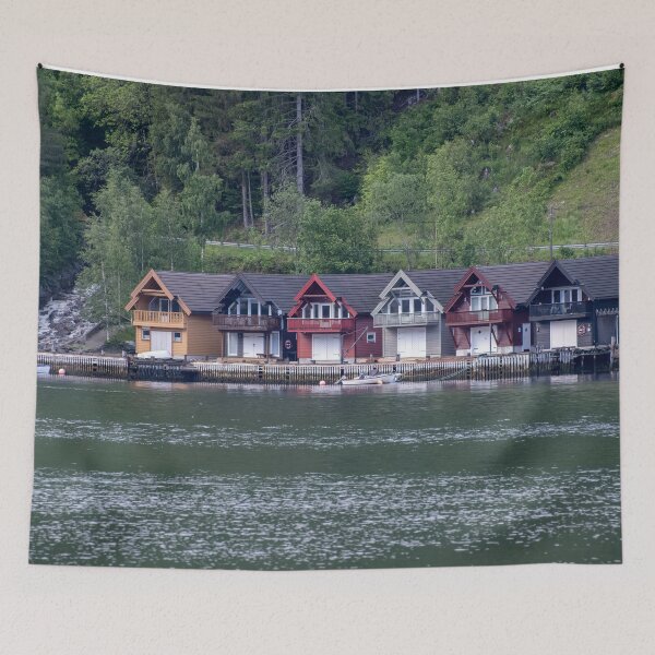 Item preview, Wonderful landscapes in Norway. Vestland. Beautiful scenery of coloured houses facing the spectacular Sognefjord. Rainy day designed and sold by Maurizio Fabbroni.