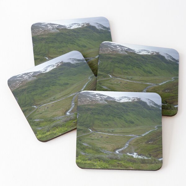 Item preview, Wonderful landscapes in Norway. Vestland. Beautiful scenery from the Myrkdalen Viewpoint. Mountains, road, rocks, stream, houses, waterfall and snow in background. Cloudy day. designed and sold by Maurizio Fabbroni.