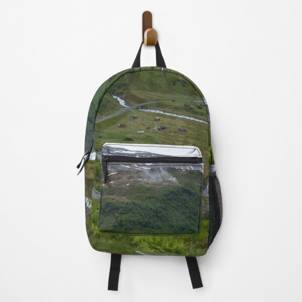 Item preview, Wonderful landscapes in Norway. Vestland. Beautiful scenery from the Myrkdalen Viewpoint. Mountains, road, rocks, stream, houses, waterfall and snow in background. Cloudy day. designed and sold by Maurizio Fabbroni.