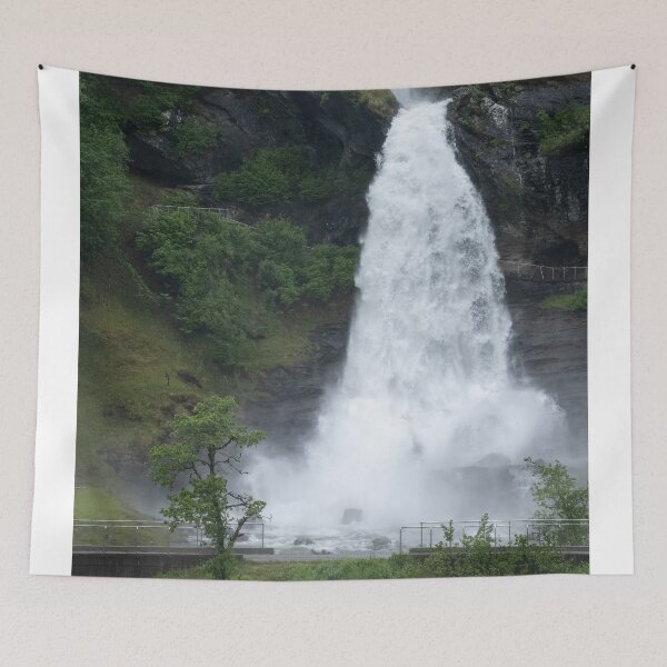 Item preview, Wonderful landscapes in Norway. Vestland. Beautiful scenery of  Steinsdalsfossen waterfall from the Fosselva river. Mountains, trees in background. Rainy day (vertical) designed and sold by Maurizio Fabbroni.