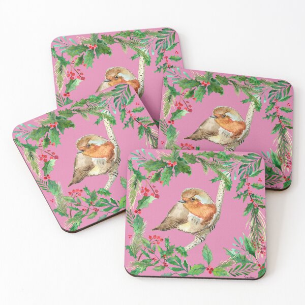 Item preview, Robin with holly, pink designed and sold by SandraArtStudio.