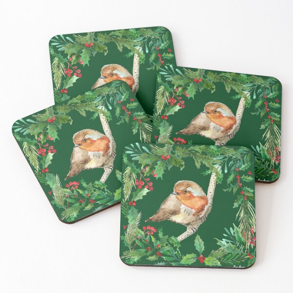 Item preview, Robin with holly, dark green designed and sold by SandraArtStudio.