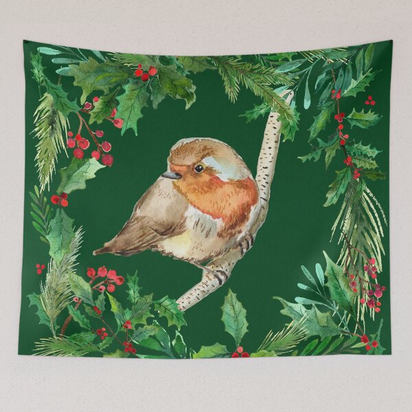 Item preview, Robin with holly, dark green designed and sold by SandraArtStudio.