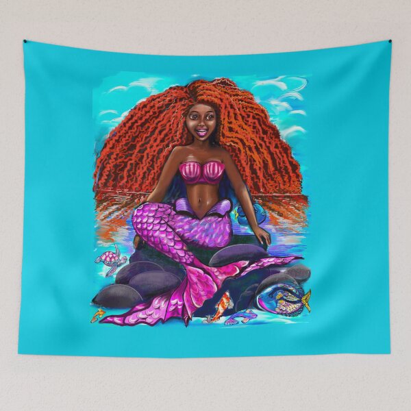 Item preview, Black mermaid with flowing red locks singing , African American Mermaid  designed and sold by Artonmytee.