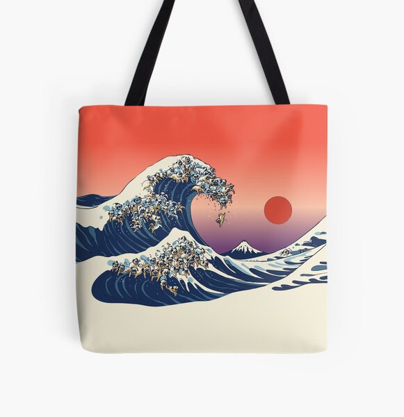 The Great Wave of Pug All Over Print Tote Bag