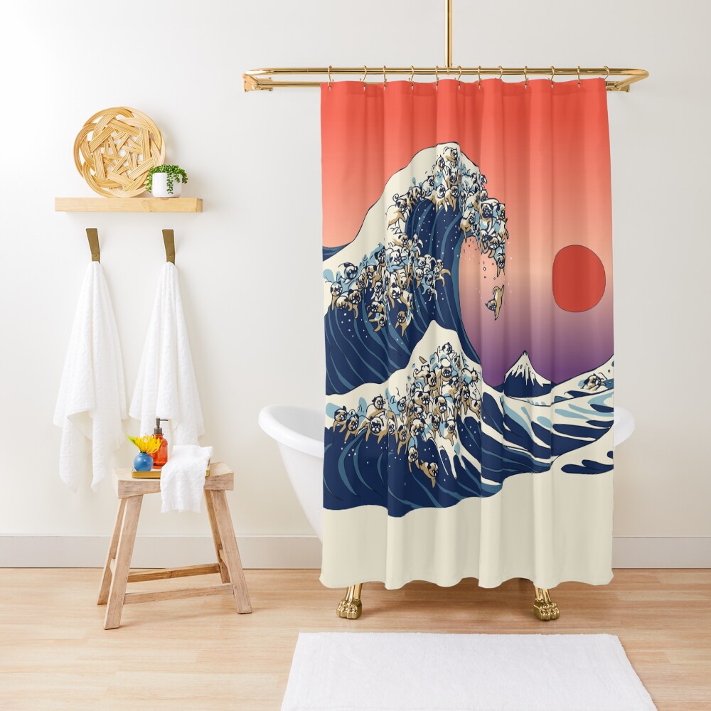 The Great Wave of Pug Shower Curtain