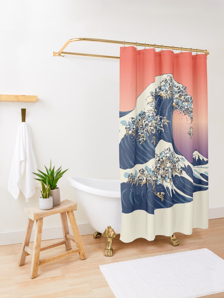 Alternate view of The Great Wave of Pug Shower Curtain