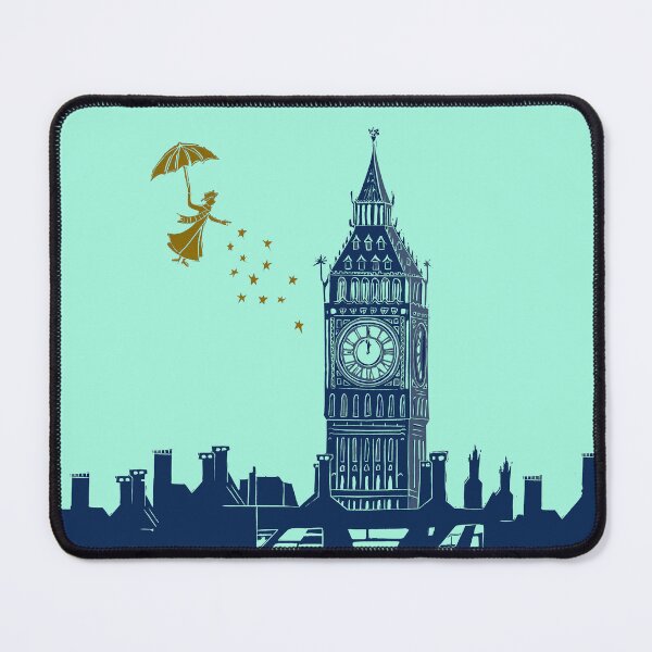 Item preview, Mary Poppins and Big Ben Linocut print in blue and mint green designed and sold by Maddy Bennett.