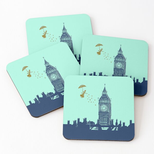 Item preview, Mary Poppins and Big Ben Linocut print in blue and mint green designed and sold by Maddy Bennett.