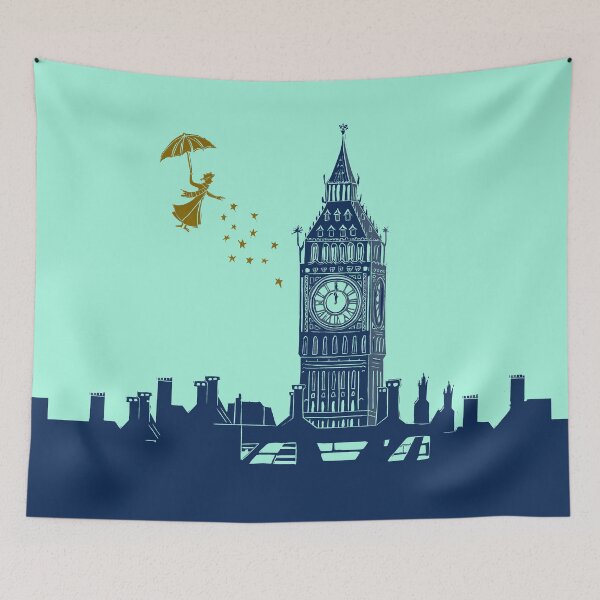 Item preview, Mary Poppins and Big Ben Linocut print in blue and mint green designed and sold by Maddy Bennett.