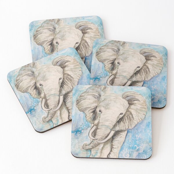 Item preview, Watercolor elephant w blue eclectic tribal background safari animal painting designed and sold by Paintingladycat.