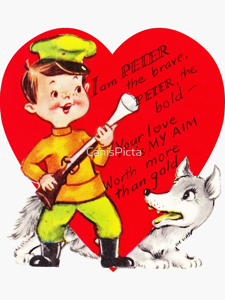 "Peter and the Wolf" - Vintage, Retro, Valentine's, Day, Card, Inspired, Vday, Valentine, Be Mine, Love, Couple, Romance, Cute, Red, Hearts, by CanisPicta