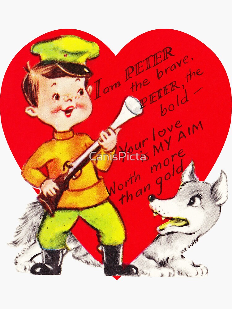 Artwork view, "Peter and the Wolf" - Vintage, Retro, Valentine's, Day, Card, Inspired, Vday, Valentine, Be Mine, Love, Couple, Romance, Cute, Red, Hearts,  designed and sold by CanisPicta