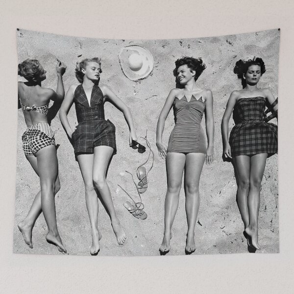 Item preview, Sunbathers, Black and White, Vintage Beach Art designed and sold by modernretro.