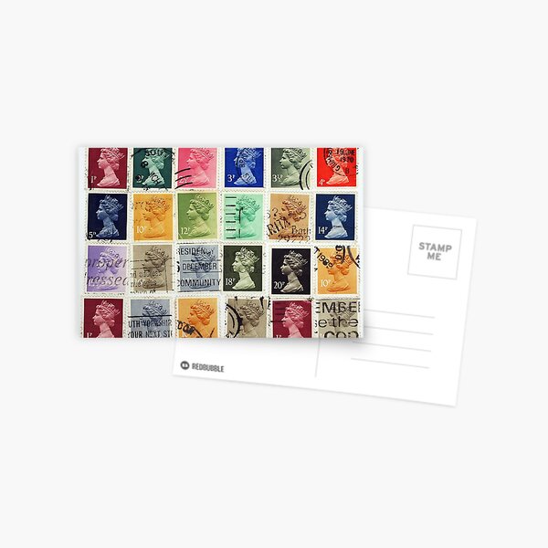 British postage stamps with a Queen Elizabeth profile. Postcard