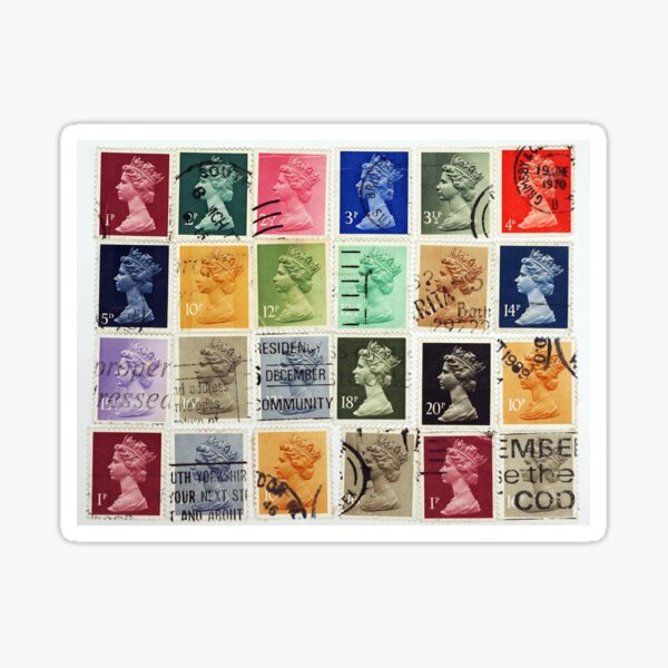 British postage stamps with a Queen Elizabeth profile. Sticker