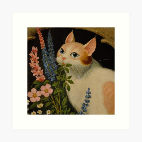 Aperçu de l'œuvre Lena la chatte, sentant les fleurs (Baroque) créée et vendue par thecatandkettle.
