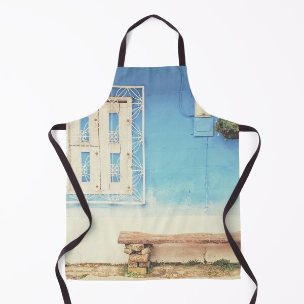 Item preview, Blue painted wall with white wrought iron window and a rustic wooden bench designed and sold by Printblisshop.