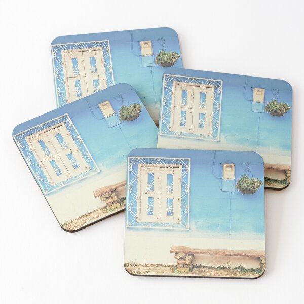 Item preview, Blue painted wall with white wrought iron window and a rustic wooden bench designed and sold by Printblisshop.