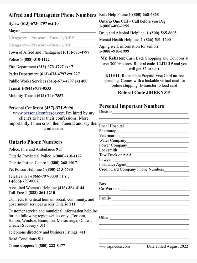 "Alfred and Ontario. Canada Important Phone Numbers