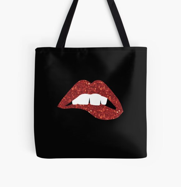 Glittery Red Lips Nibbling Bottom Lip with Gapped White Teeth All Over Print Tote Bag