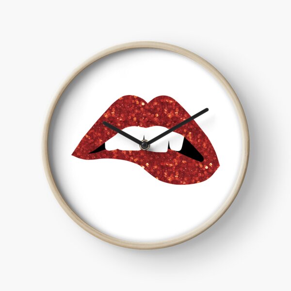 Glittery Red Lips Nibbling Bottom Lip with Gapped White Teeth Clock