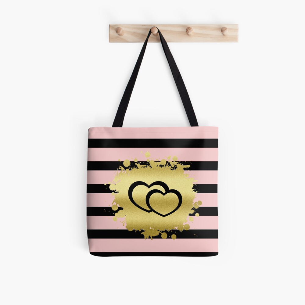 Trendy Blush Pink Black Stripes Gold Glitter Hearts Tote Bag