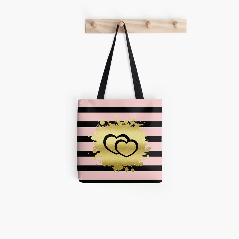 Trendy Blush Pink Black Stripes Gold Glitter Hearts Tote Bag