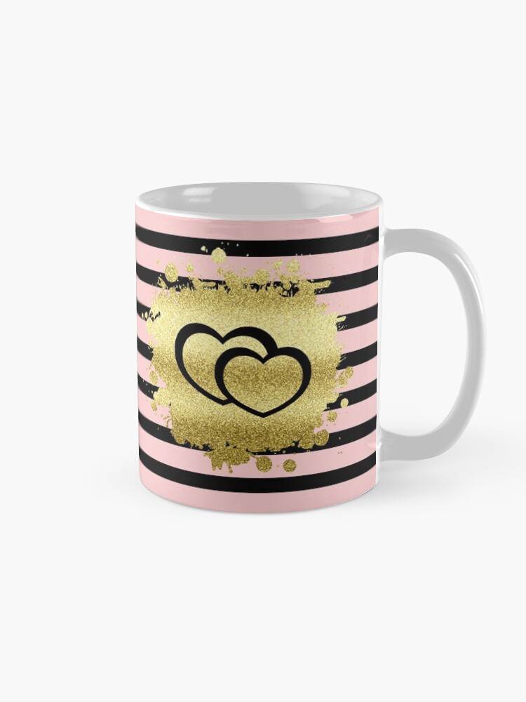 Alternate view of Trendy Blush Pink Black Stripes Gold Glitter Hearts Mug