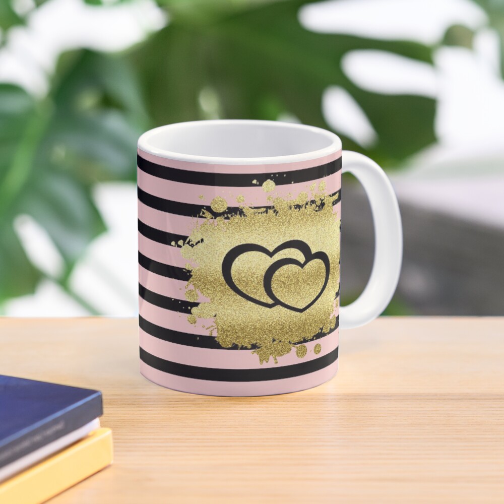 Trendy Blush Pink Black Stripes Gold Glitter Hearts Mug
