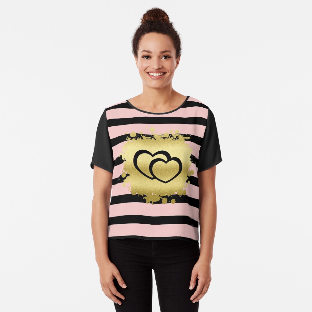 Trendy Blush Pink Black Stripes Gold Glitter Hearts Chiffon Top