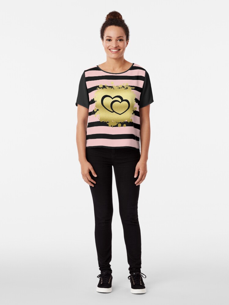 Alternate view of Trendy Blush Pink Black Stripes Gold Glitter Hearts Chiffon Top