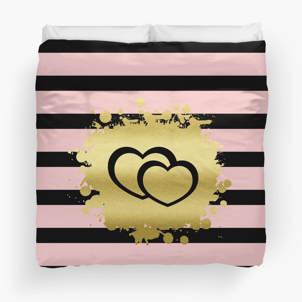 Trendy Blush Pink Black Stripes Gold Glitter Hearts Duvet Cover