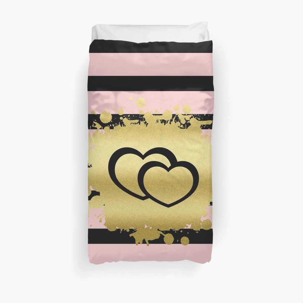 Trendy Blush Pink Black Stripes Gold Glitter Hearts Duvet Cover