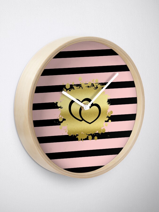 Alternate view of Trendy Blush Pink Black Stripes Gold Glitter Hearts Clock